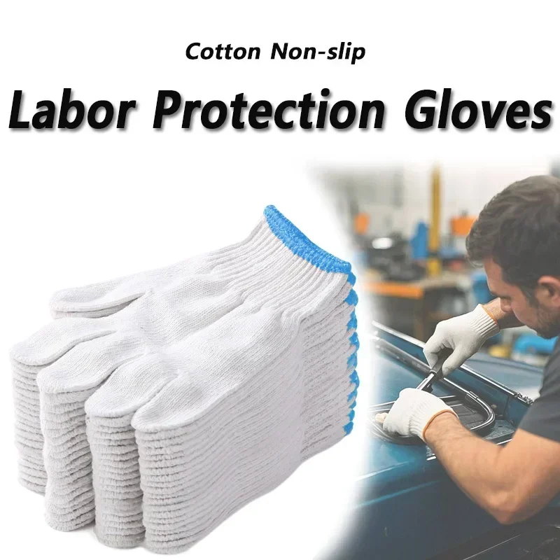 6/12 زوجًا من قفازات العمل القطنية المقاومة للانزلاق والمقاومة للاهتراء في موقع البناء، قفازات حماية العمل البيضاء المشفرة #1