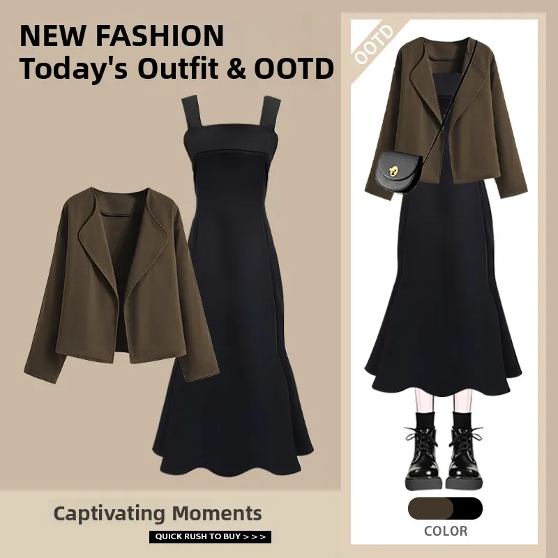 Ele Commuter High-End Terno Jaet Feminino Outono Inverno Novo Sle Cinto Strap Fi Tail Dr Conjunto de Duas Peças