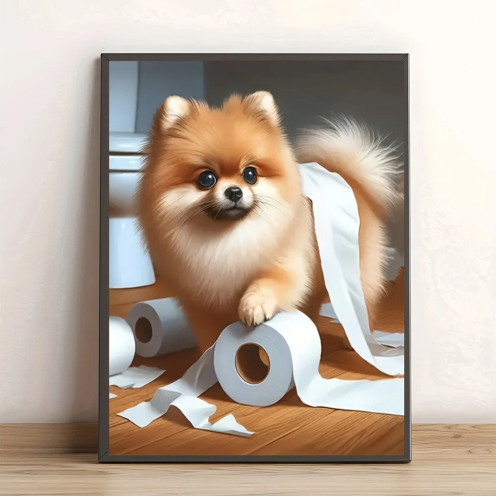 مجموعة فنية جدارية مضحكة للحمام من كلب صغير طويل الشعر - بدون طباعة قماشية مؤطرة، فن مرحاض كلب بوم المرحاض، هدية لمحبي كلب صغير طويل الشعر، Whim