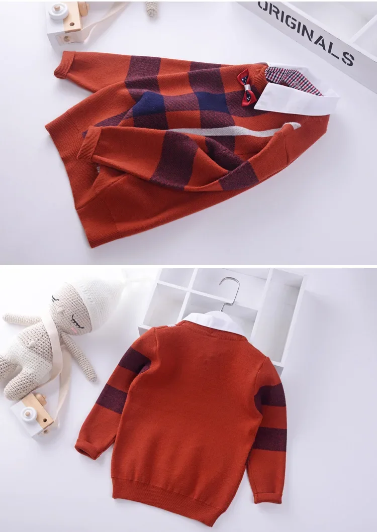 2024 Shirt collar Boys Sweaters Baby stripe Plaid Pullover Knit Kids Clothes Autumn Winter New Children Sweaters Boy Clothing