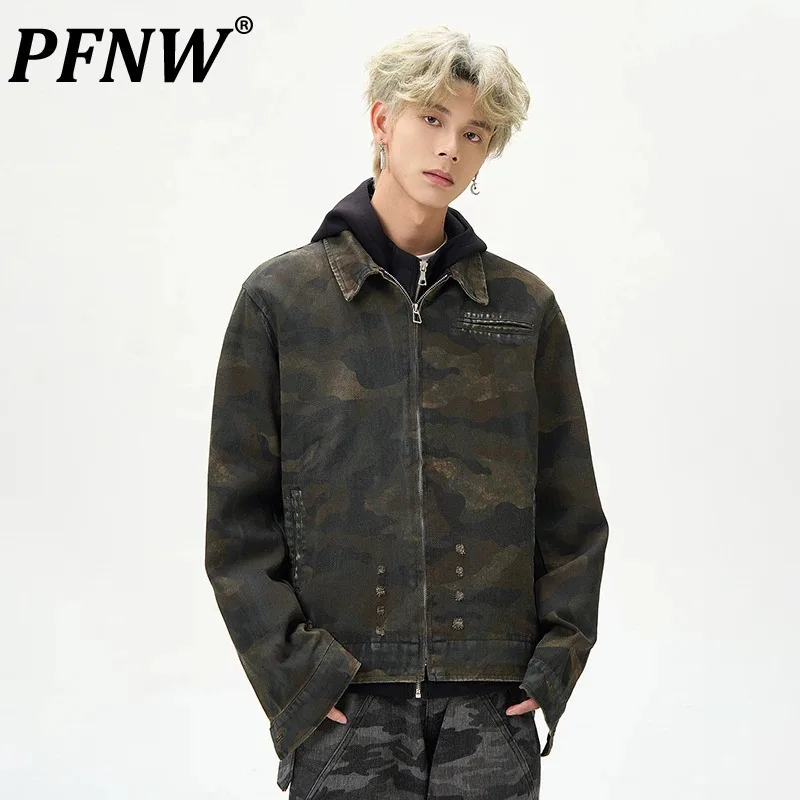 

PFNW Men's Dirty Washed Camouflage Jacket American Lapel Ripped Hole Design Mens Clothing High Street Trendy Tops Autumn 28W4839