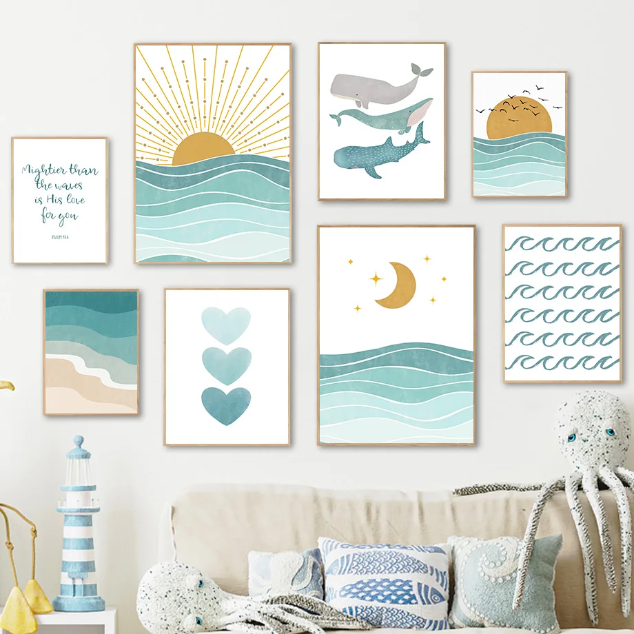 Whale Seagull Sun Moon Ocean Beach Waves Quote Nursery Wall Art Canvas Painting Posters And Prints Wall Pictures Kids Room De