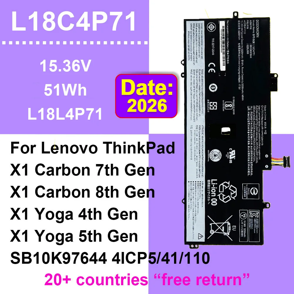 15.36V 51Wh L18C4P71 L18L4P71 Laptop Battery For Lenovo ThinkPad X1 Carbon 7th/8th Gen,X1 Yoga 4th/5th Gen Series SB10K97644