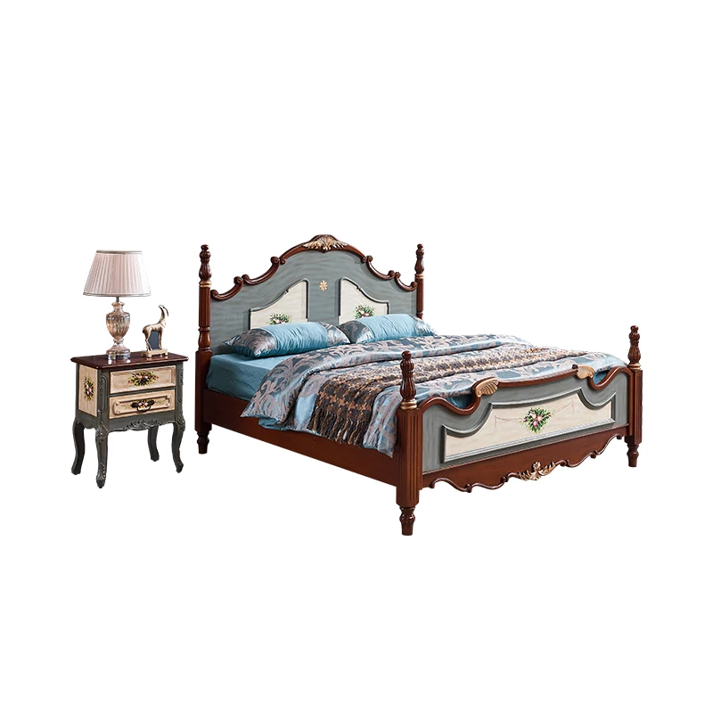 

American rural solid wood bed antique painted wedding bed old storage hand-painted carving 1.8 meters double bed