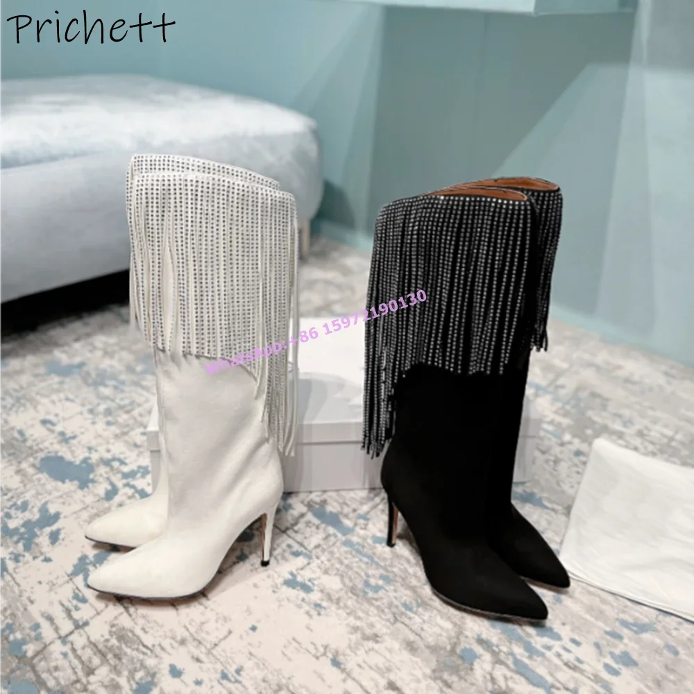 

Fringe Crystal Solid Knee High Boots Pointy Toe Thin High Heels Concise Long Boots Women's Fashion Sexy Luxury Shoes 2024