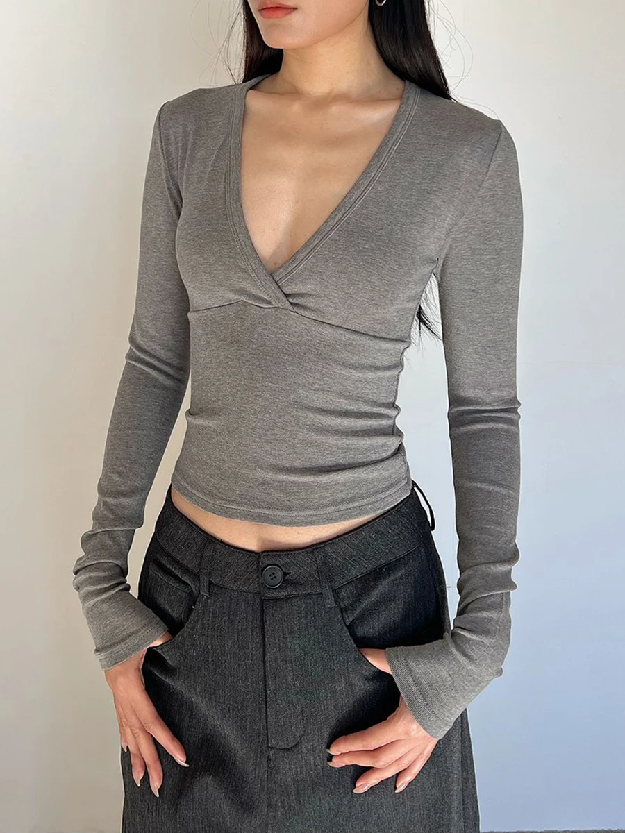 Kreuz V-ausschnitt Langarm T-shirts Frau Herbst Baumwolle Schlank Crop Top Weibliche Casual Einfache Feste Alle-spiel Grundlegende t-shirts Y2k Tops – Detail 5