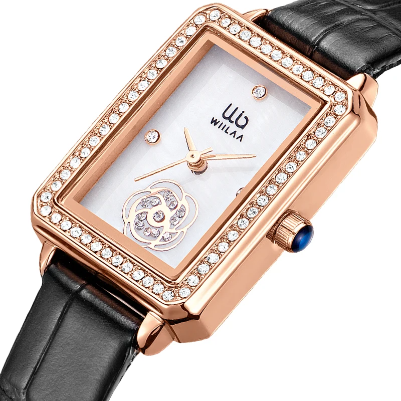 

WIILAA Rectangle Leather Flower Women Wrist Watches Top Brand Luxury Ladies Quartz Watches For Female Clock Rose Gold White Dial