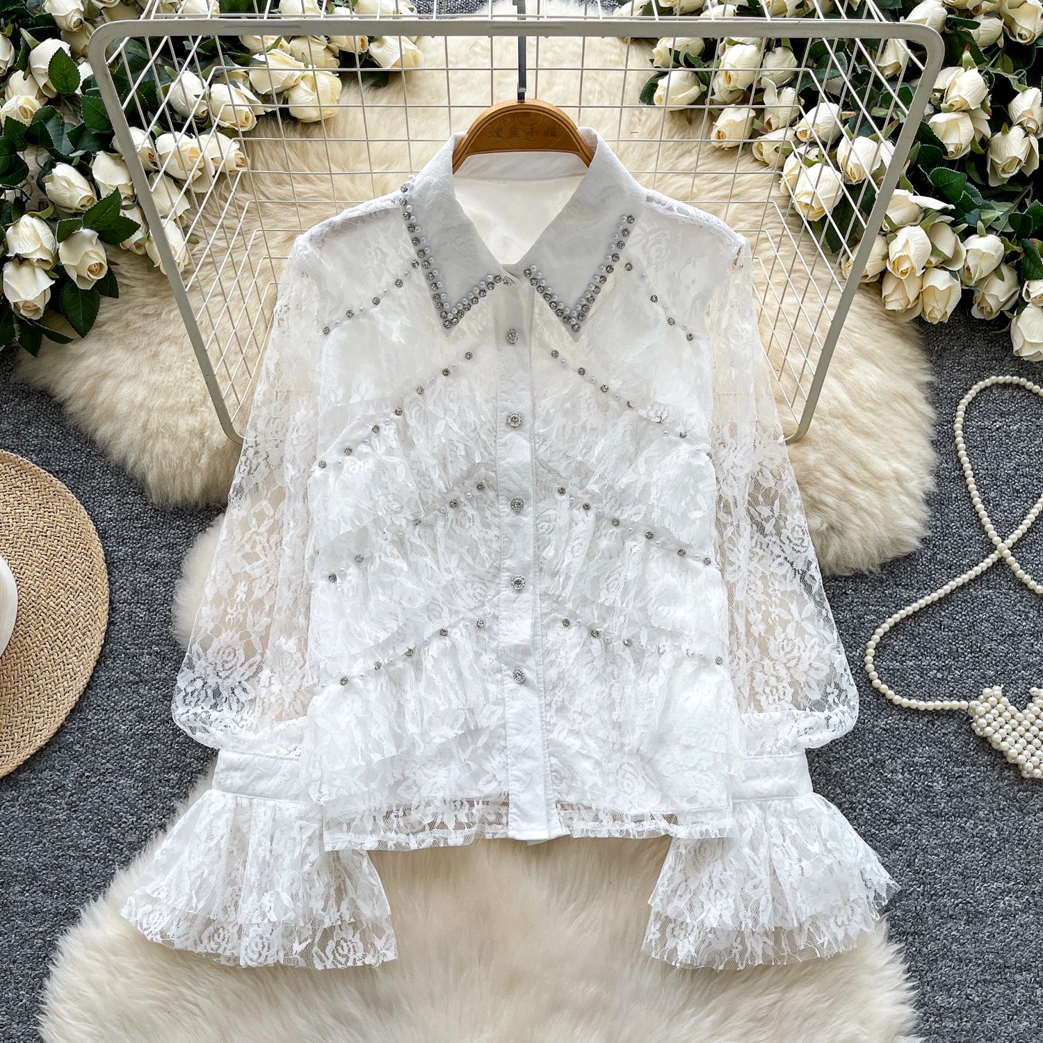 Beading diamante camisa feminina primavera outono novo estilo francês luz luxo manga borboleta casacos rendas temperamento vermelho topos