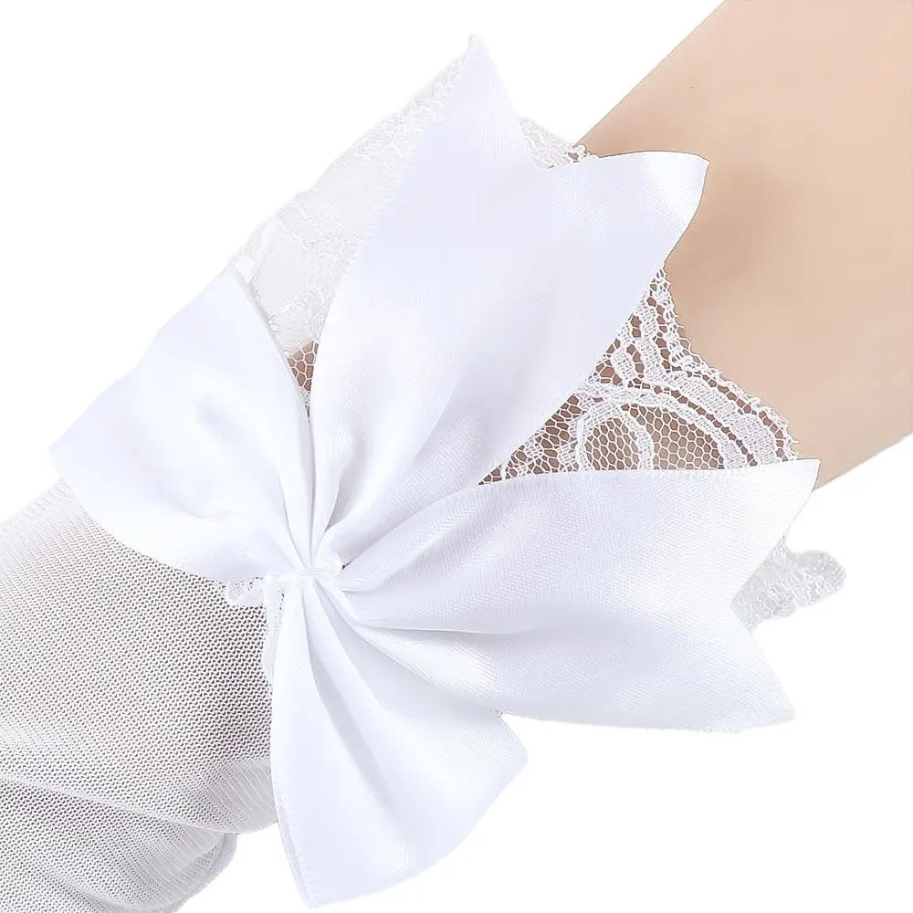 Guantes de muñeca blancos y negros para mujer, accesorios de Cosplay para bodas, mitones de novia, guantes grandes de malla Bownot, guantes de encaje