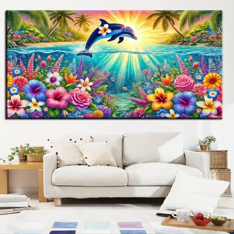 Sea Coral Reefs,Marine Life Large Embroidery Diamond Mosaic 5D DIY Diamond Painting Dolphins Rainbow Landscape Cross Stitch