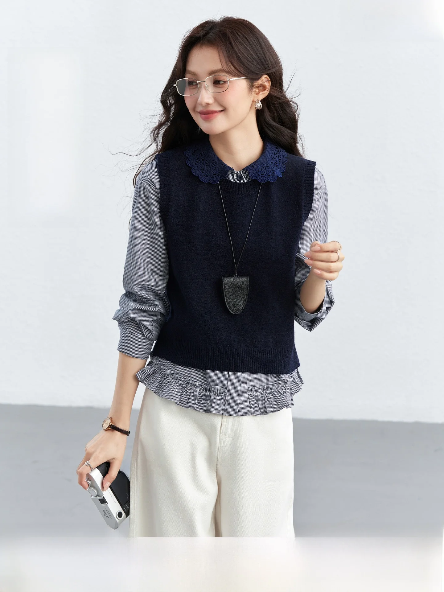 

Vimly Women's Knitted Vest Set Plaid irt Layering Two-Piece College Sle Spring Faion Casual Long Sve mid Waist