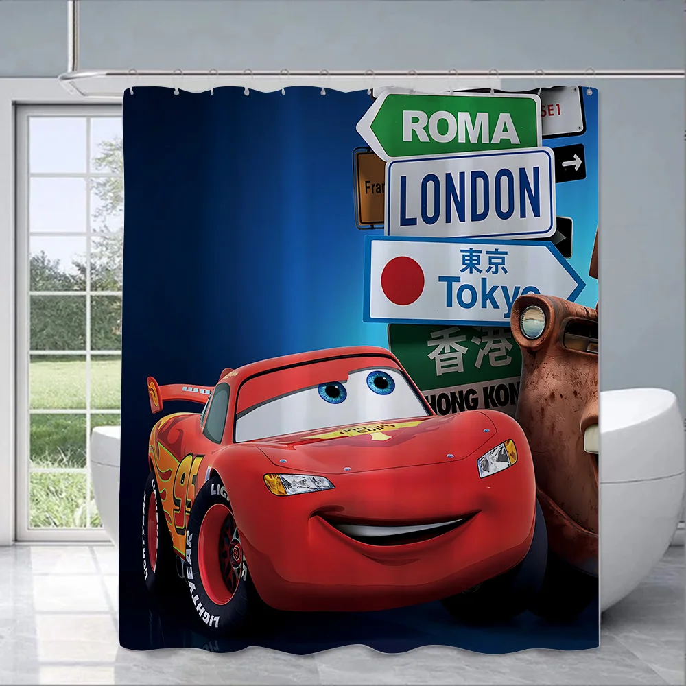 ม่านอาบน้ำ Lightning Mcqueen ม่านกันน้ำทำจากผ้าโพลีเอสเตอร์สีสันสดใสม่านตกแต่งห้องน้ำพร้อมตะขอ