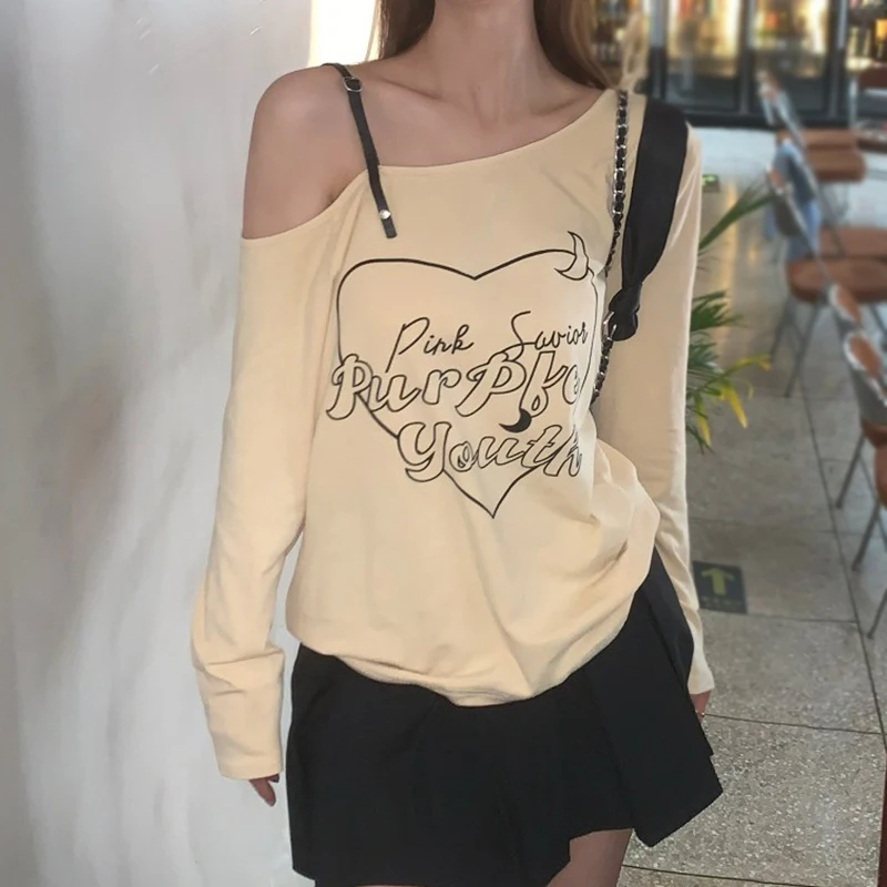 Outerwear Korean Style Casual Top Long-Sleeved One-Shoulder Long Style Pure Desire Style Autumn Simple T-shirts