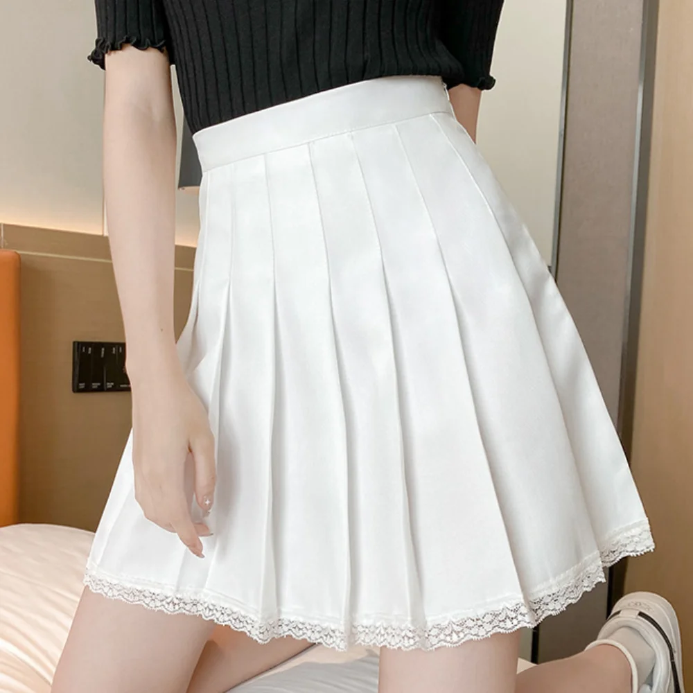 A-line High Waist Pleated Mini Skirt Solid color Y2k Women's School Short Skirt Oversized Preppy Style Lace Pleated Skirts