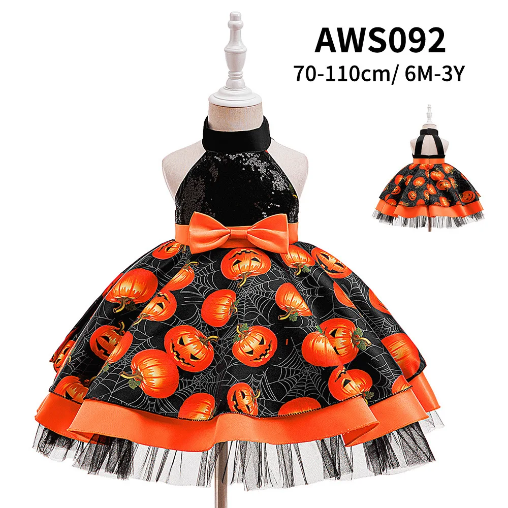 

Toddler Girls Halloween Dress Pumpkin Spider Print Satin Hanging Neck Princess Dress For 0-3Y Girls Festival Party Performance