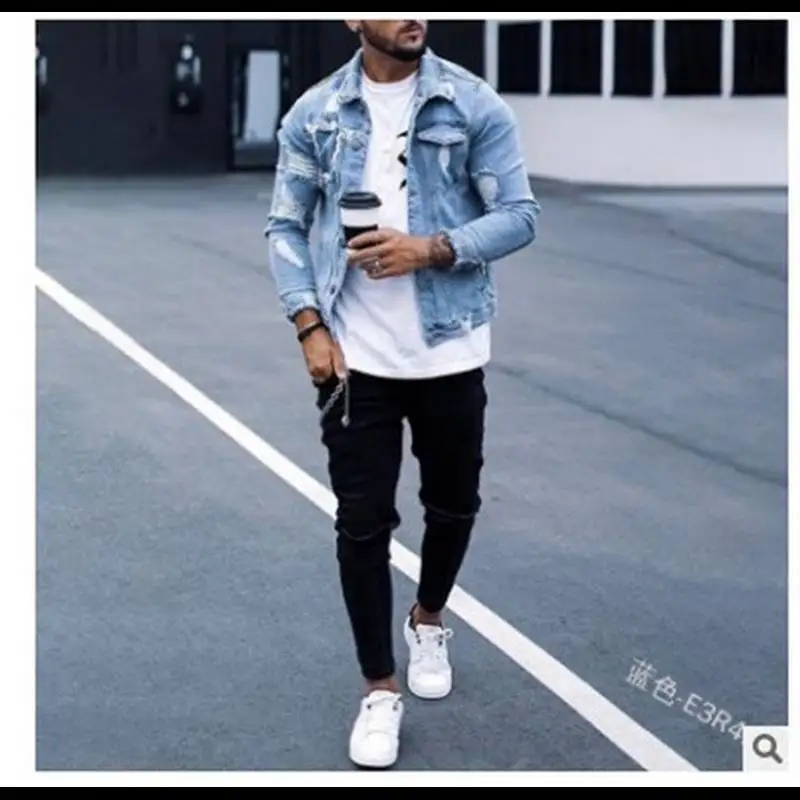 Japanese Style Spring and Autumn Stand-collar Denim Jacket for Men, Fashionable and All-match, with Ripped and Washed Design.