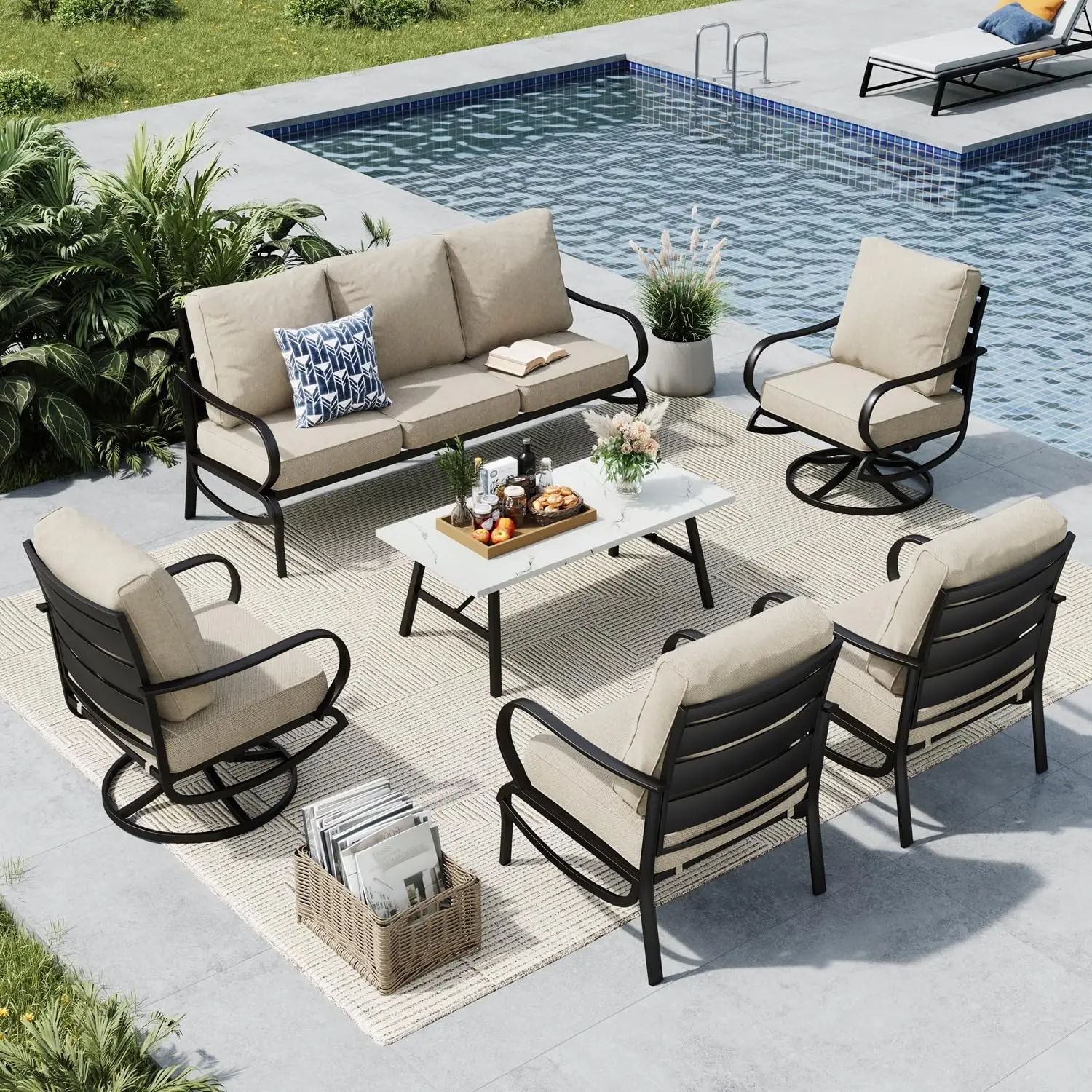 

Комплект садовой мебели из 6 предметов: 2 вращающихся кресла, 3-местный диван-софа, 2 кресла для патио и 1 журнальный столик с мраморным эффектом, на заказ