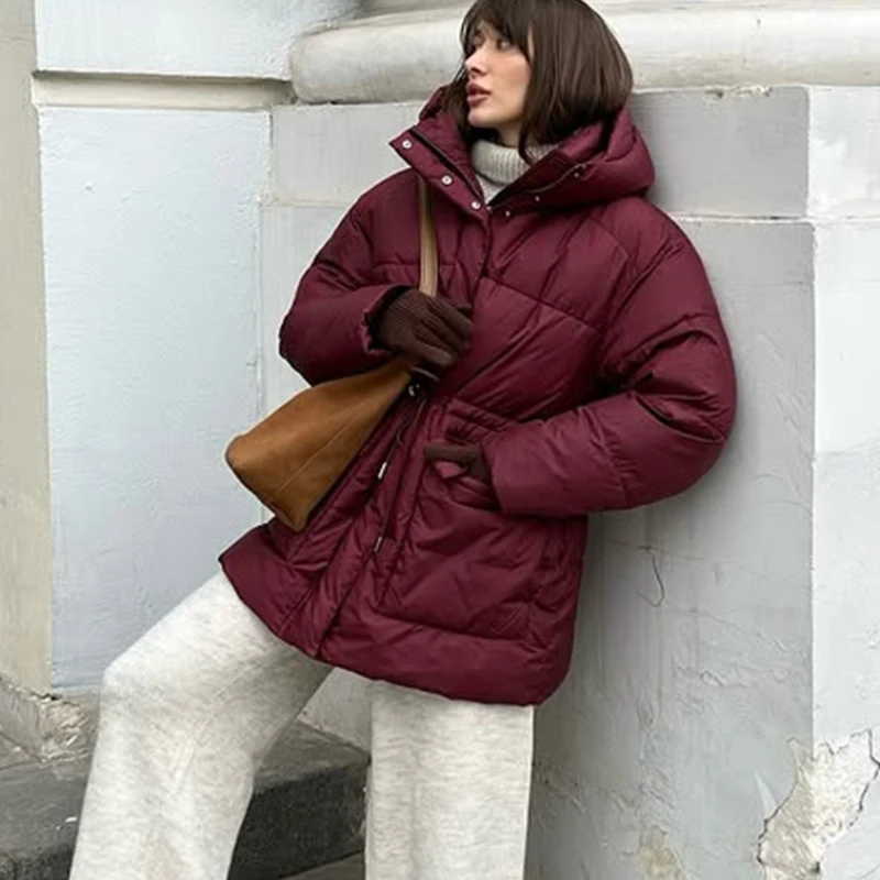 TARUXY Hooded Tie-Waist Padded Jacket Women's Casual Pocket Zipper Puffer Warm Cotton Down Jacket Loose 2025 Winter New Coat