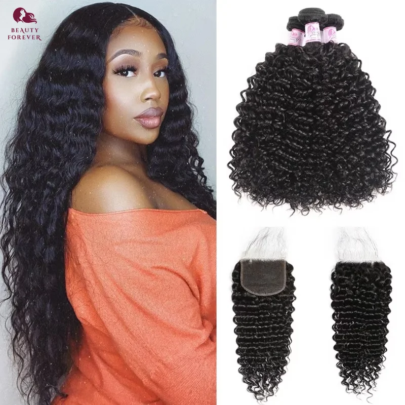 Beautyforever Raw Curly Hair Bundles With Closure Grade 12A  3 / 4 Bundles Malaysian Human Hair Weaves With 5X5 HD Lace Closure