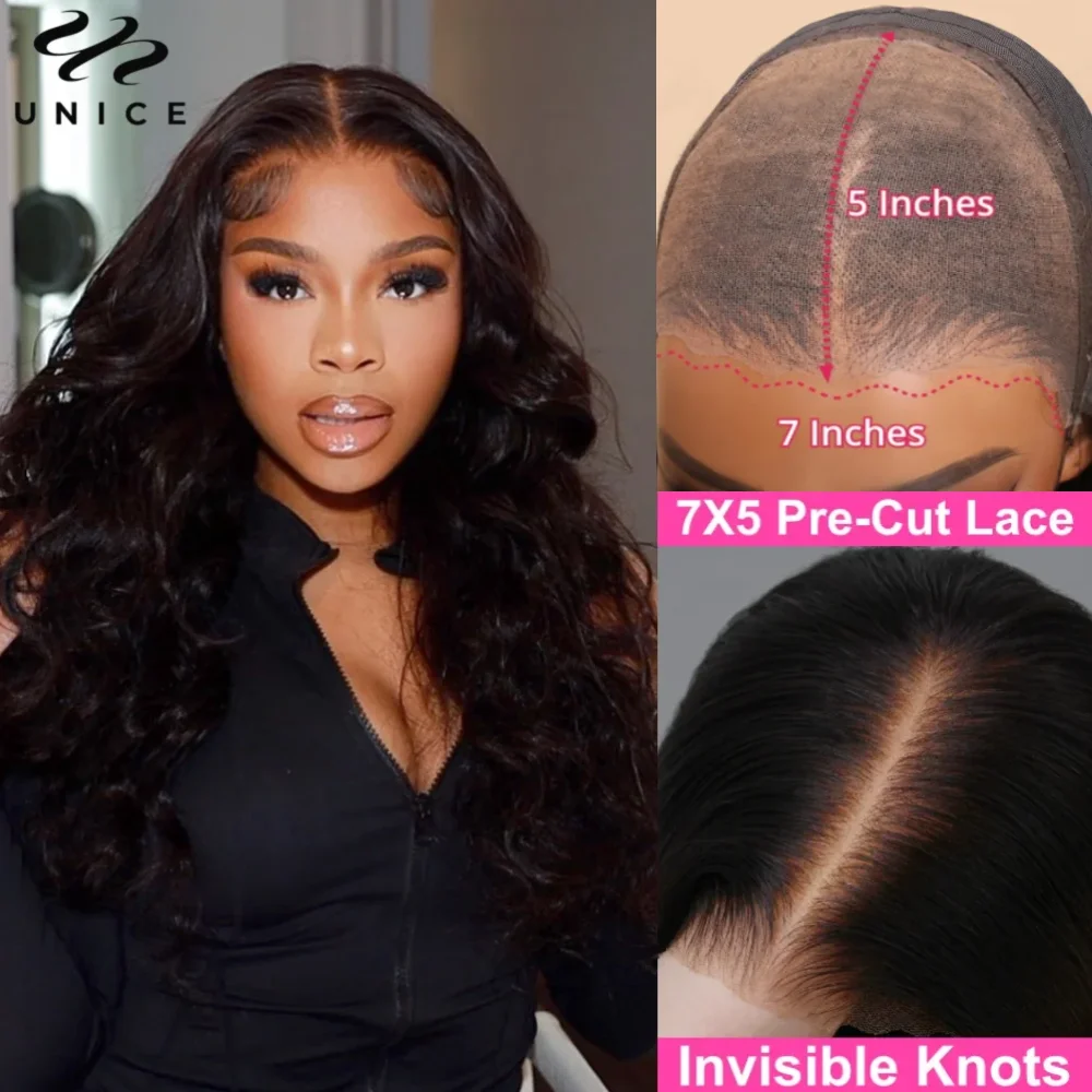 UNice Bye Bye Knots 7x5 Lace Closure Wig Pre Bleached Knots Pre Cut Glueless Wig Human Hair Ready To Wear 150% Density 26Inch