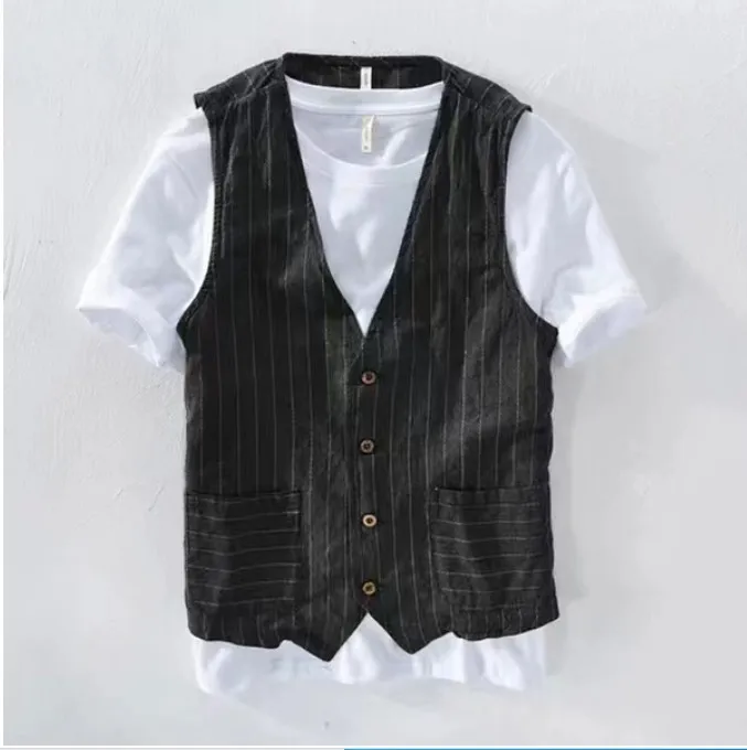 2024 Fashion Striped  Vest for Men Casual Linen Loose Fitting Waistcoat