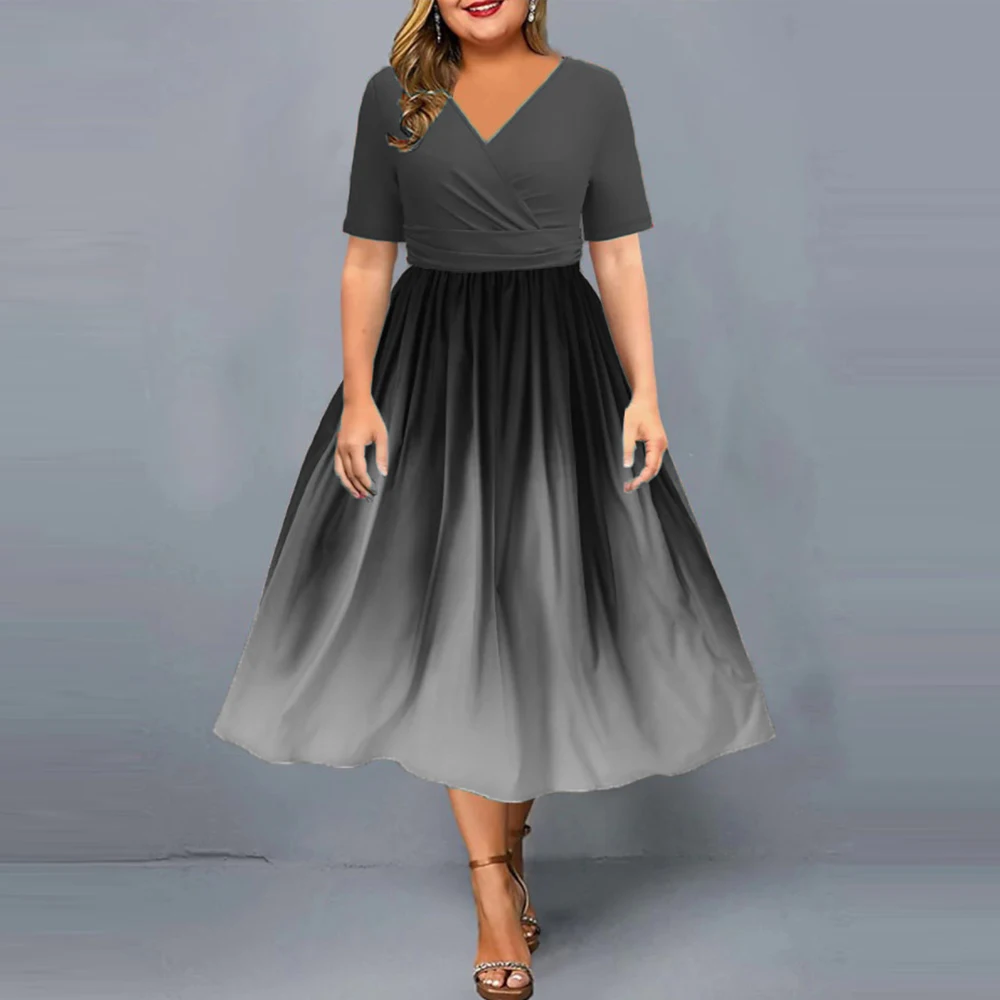 Plus Size Dresses for Women 2023 Casual V Neck Short Sleeve High Waist Slim Midi Dress Female Summer Elegant Party Vestidos