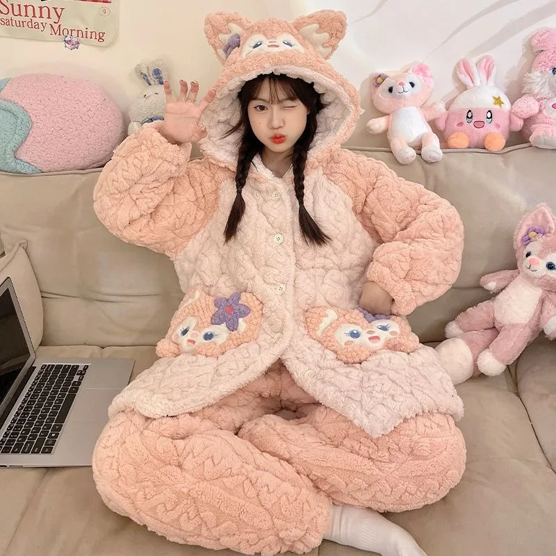 Nuovo cartone animato Kawaii Girl Heart LinaBell Series Pigiama Disney Cute Autunno e inverno Caldo addensato Casual Homewear Set all'ingrosso
