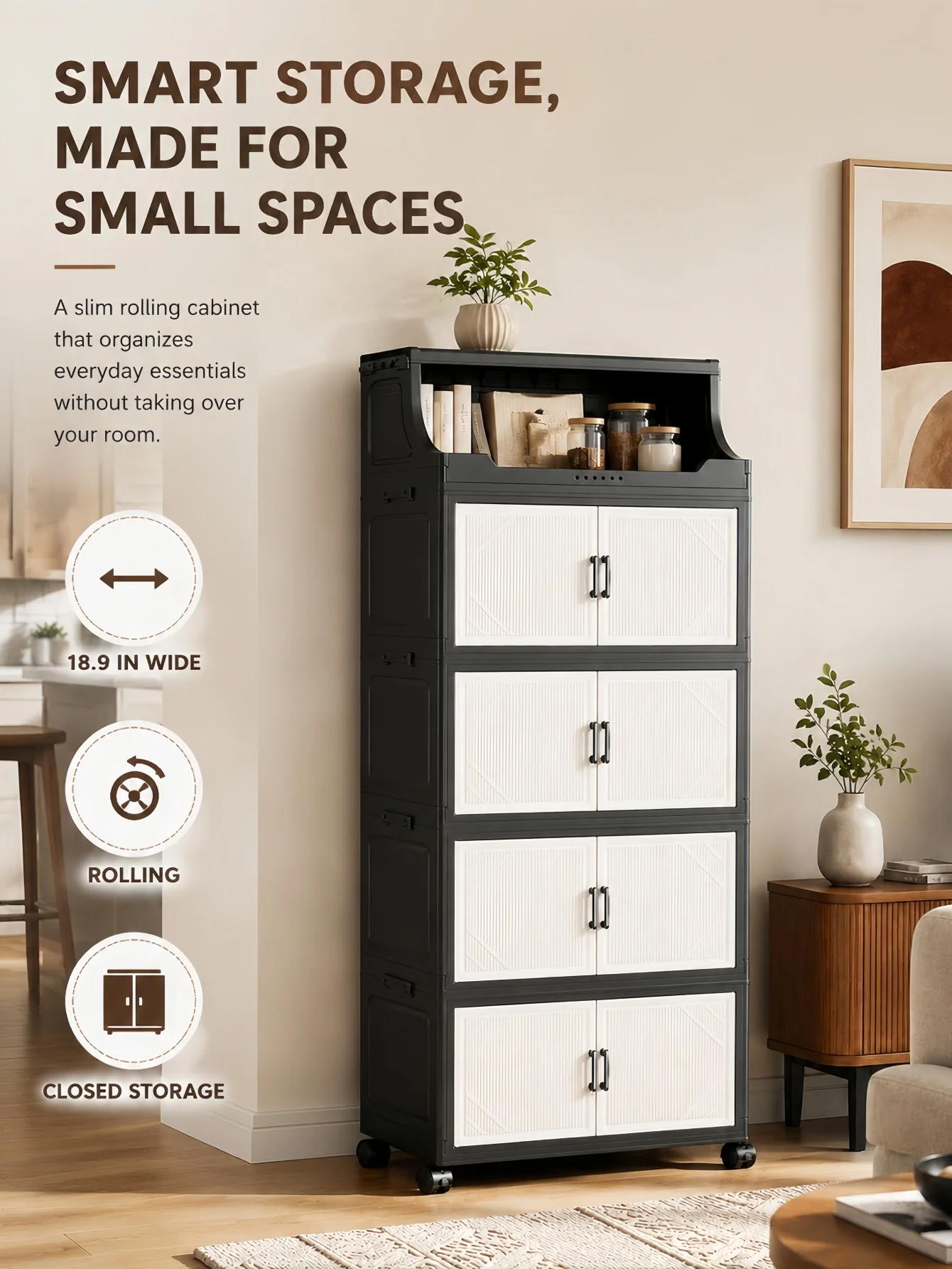 Foldable Rolling Storage Cabinet with Double Doors, 3/4/5 Tier Stackable Plastic Organizer with Lockable Wheels, Mobile Storage Unit for Bedroom Bathroom Kitchen Pantry, Dustproof Freestanding Cabinet for Small Space Renter Friendly