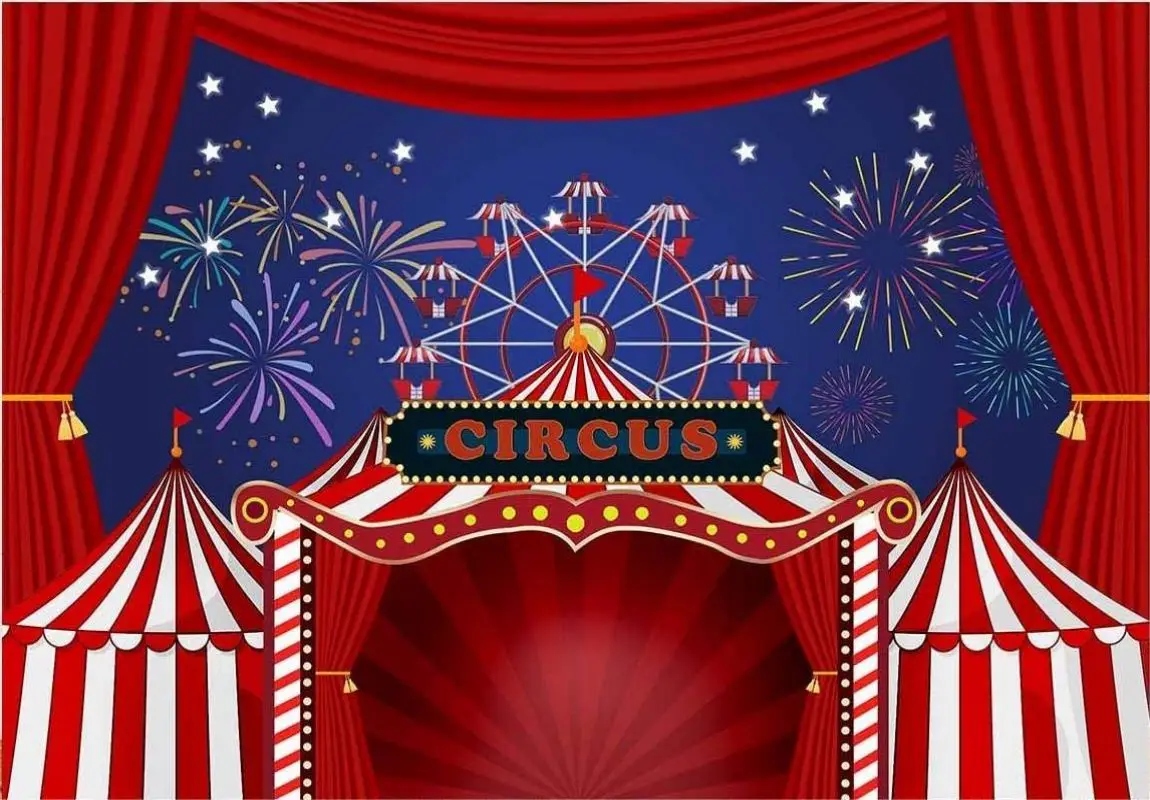 Red Circus Photography Backdrop Carnival Night Colorful Fireworks Sky Ferris Wheel Background Birthday Party Banner Decoration