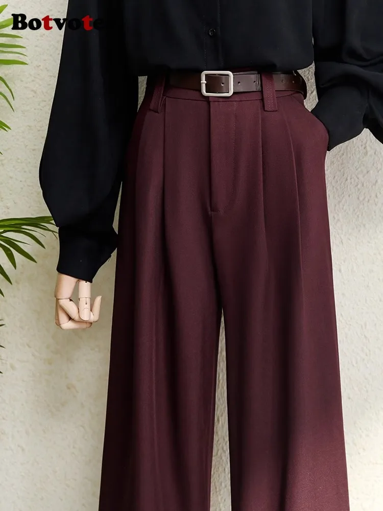 

Botvotee 2025 Office Elegant Summer Black Gray Burgundy Suits Pants for Women High Waist Wide Leg Fashion Trousers with Pockets