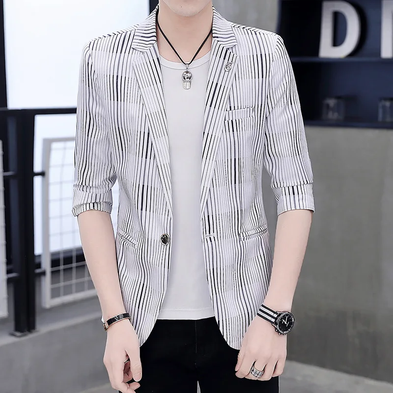 HOO 2024 Summer Men's Casual Striped blazer Youth Slim Handsome Half Sleeve Thin   blazer