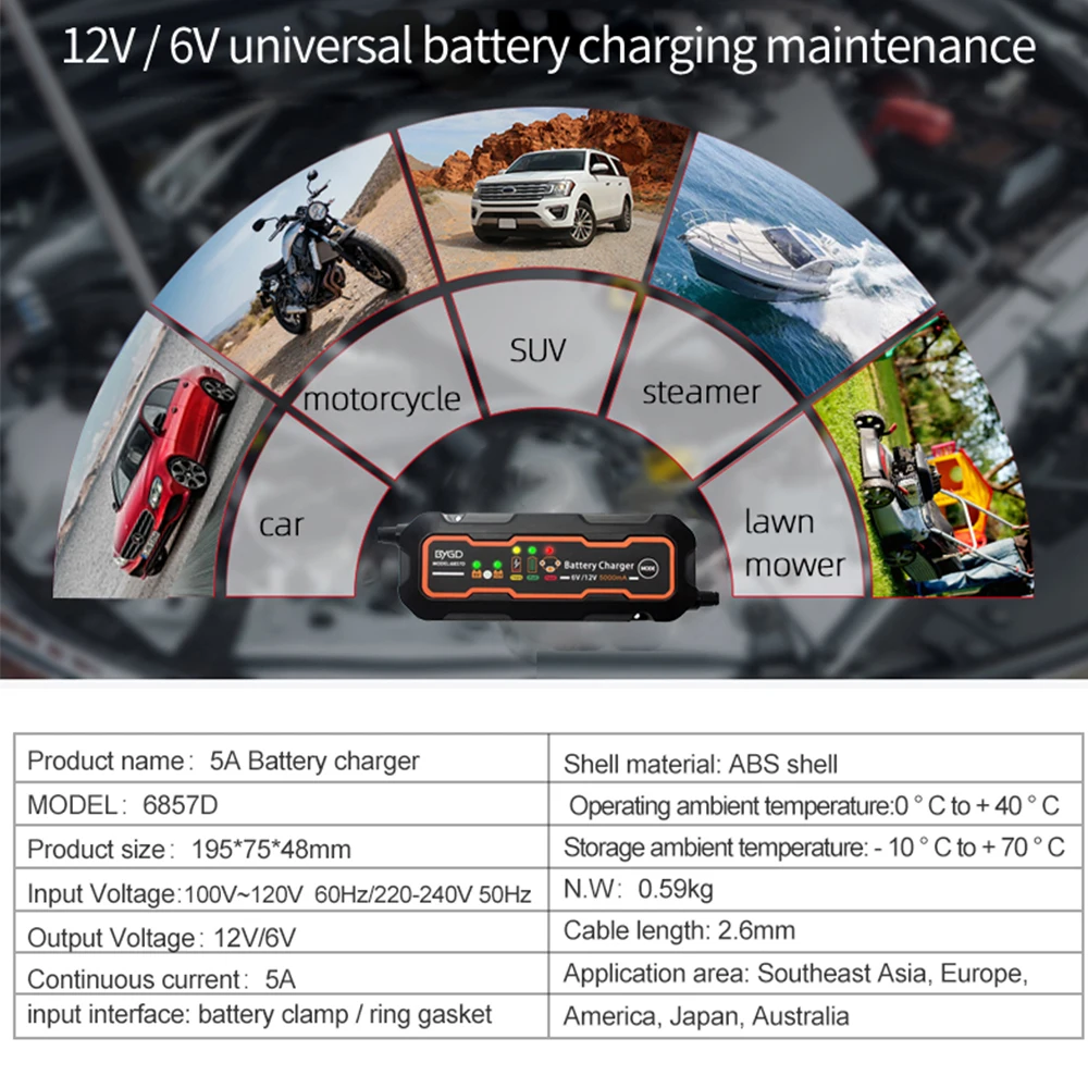 

Car Charger Automotive 6V 12V Battery Charger 5A Fast Charging Auto Charger For Gel Wet Agm Batteries Overboard Charger