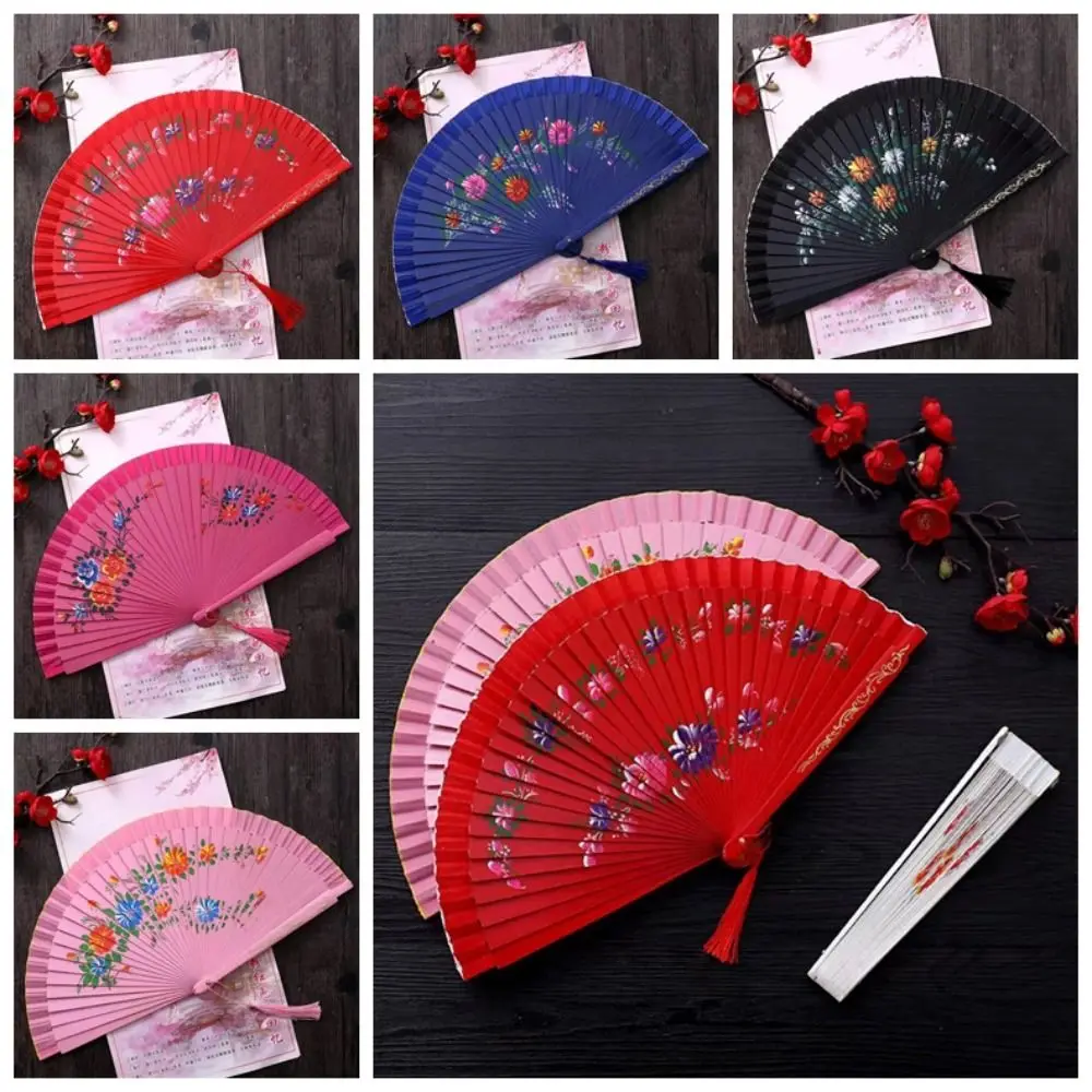 Classical Wooden Folding Fan Double Sided Floral Dance Fan Hollow Out Hand Painted Fan Decoration