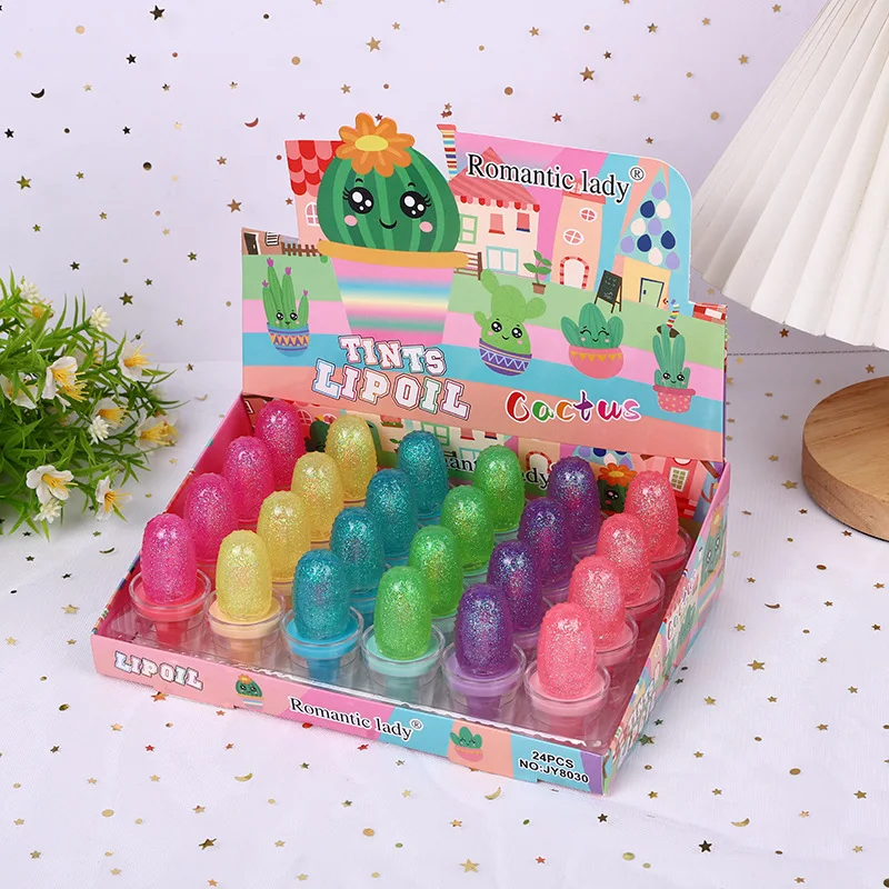 24pcs Cute Cactus Shape Lip Gloss Set Long Lasting Moisturizing Shiny Lip Oil Lip Tints Girls Party Gifts