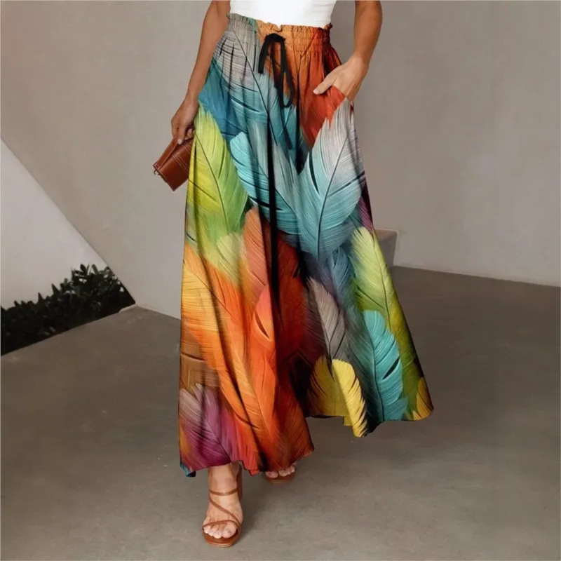 

Spring/Summer New Bohemian Skirts Women's Loose 3D Digital Printed High Waist Skirt A-line Big Swing With Pocket Robe Femme
