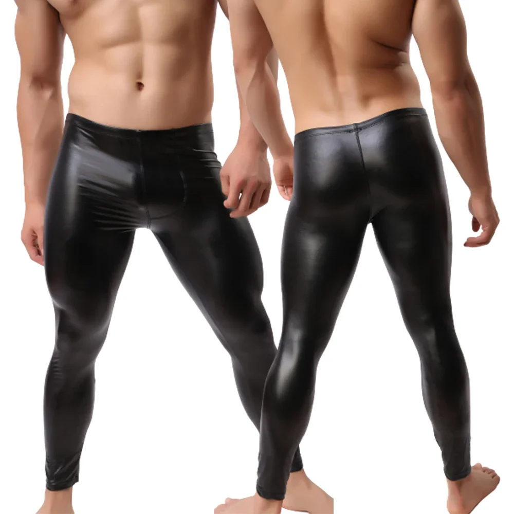 

Mens Long Pants Faux Leather Long Johns Seamless Trousers Muscle Fitness Sports Leggings Party Dance Show Clubwear Latex Pants