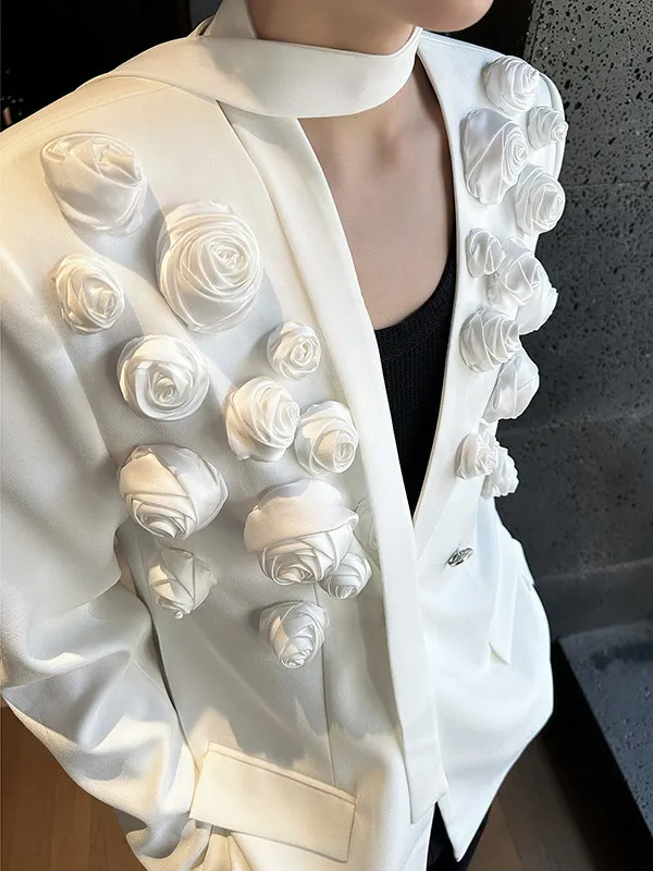 2025 Spring Autumn New Fashion Tailored Coats Trendy Three-Dimensional Rose V-Neck Suit Jackets Men's Stylish High-End Jackets