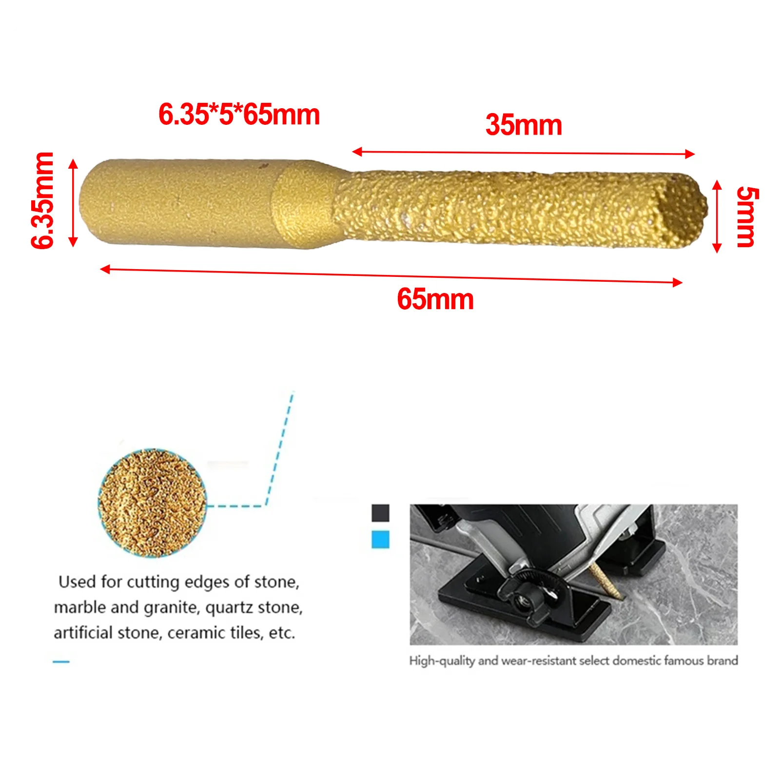 

1PC 6.35*5*65mm Brazed Router Bit Coated Cylindrical Burr Chain Saw Sharpening Grinding Head For Edge Cutting Of Stone Marble