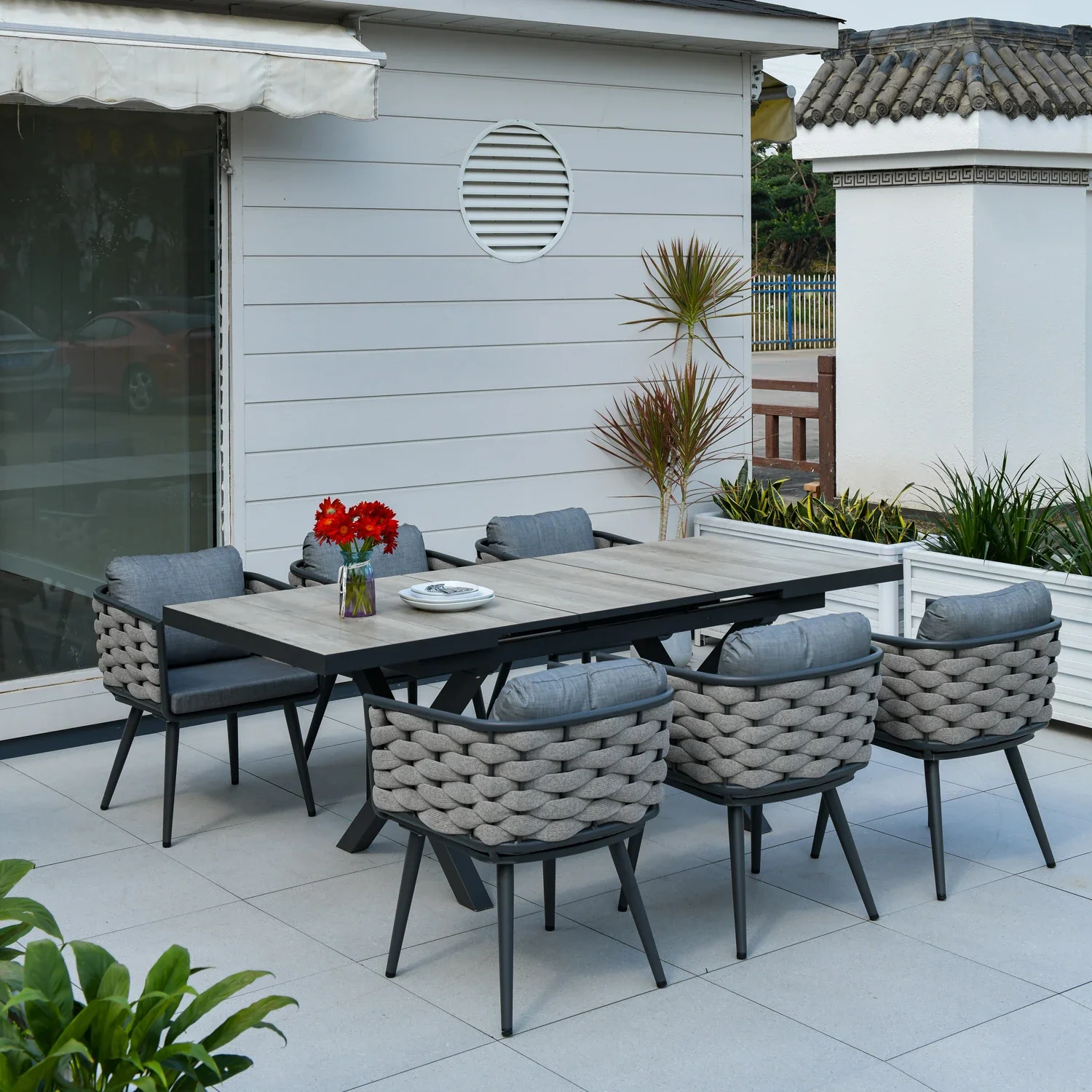 

extendable expanding 163-214 cm aluminum garden dining table outdoor furniture set waterproof