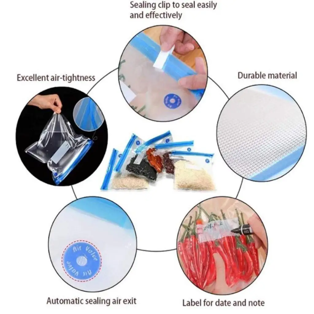 5 قطع قابلة لإعادة الاستخدام أكياس تخزين المواد الغذائية فراغ التعبئة والتغليف أكياس الغلق فراغ أكياس الفريزر