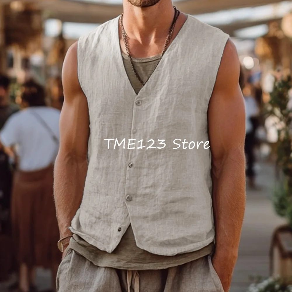 NONE Dünne Arbeitsweste Veston V-Ausschnitt Gilet Männer Leinen Mode Anzug Einreiher Westen Mann Casual Weste für Mann Anzüge Blazer 8