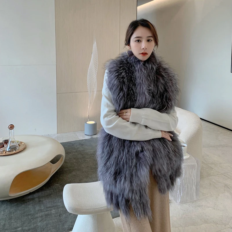 Fox Fur Scarf Luxury Big Fox Skin Scarf Natural Fox Fur Stole Genuine Fox Fur Shawl Pocket Fashion Evening Dress