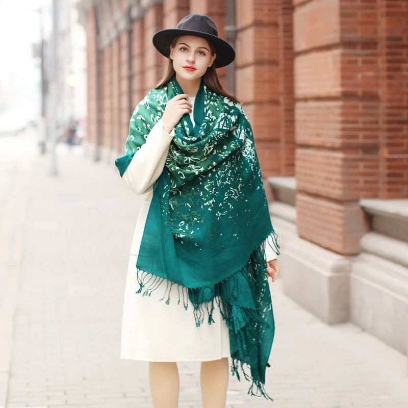 DANA XU 100% Wool Oversized Scarf Women Green Floral Print Warm Winter Shawl Pashmina Wrap with Tassels 245x110cm Gifts for Her