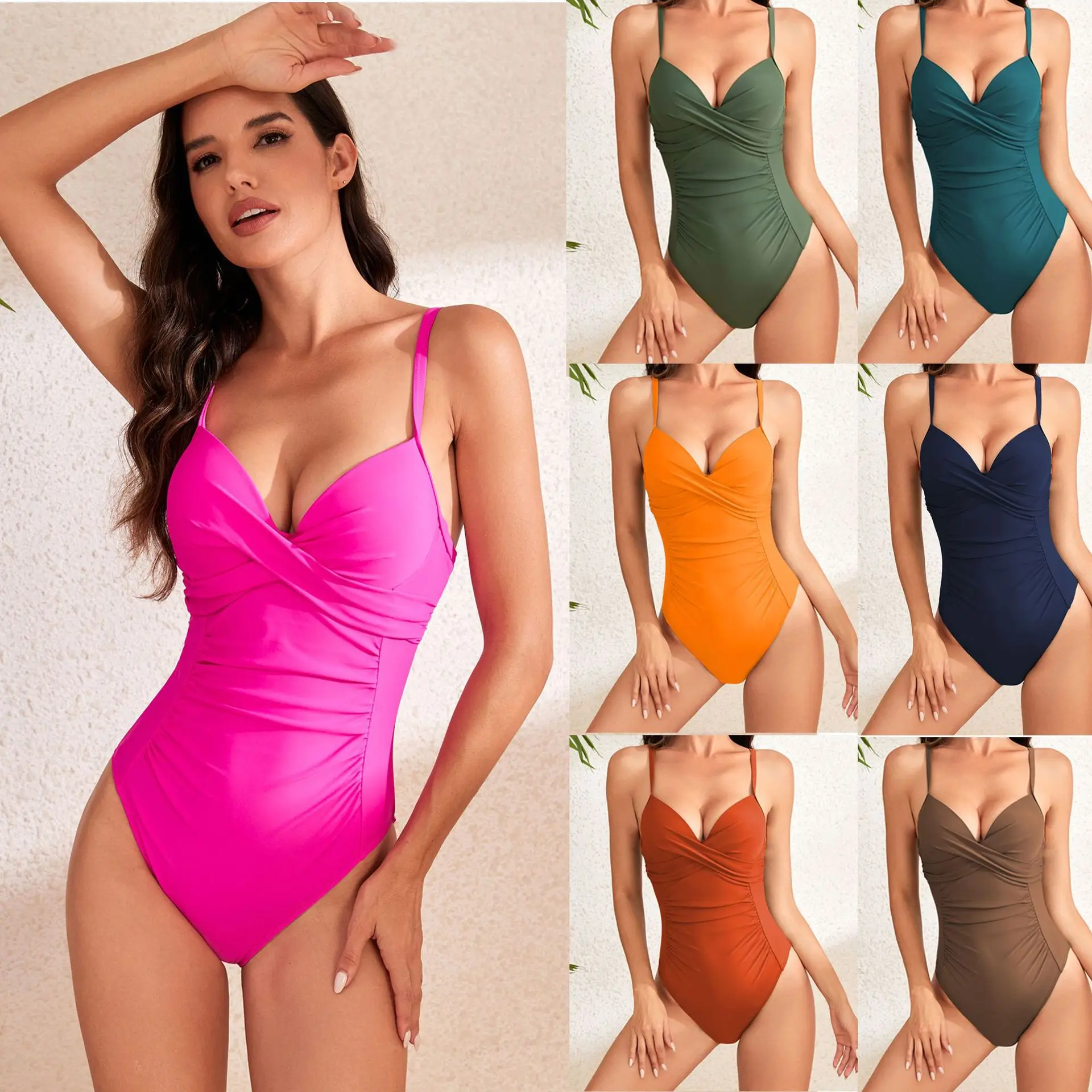 2024 New one-piece swimsuit cross hard bag swimsuit women's high waist pleated solid color hard cup