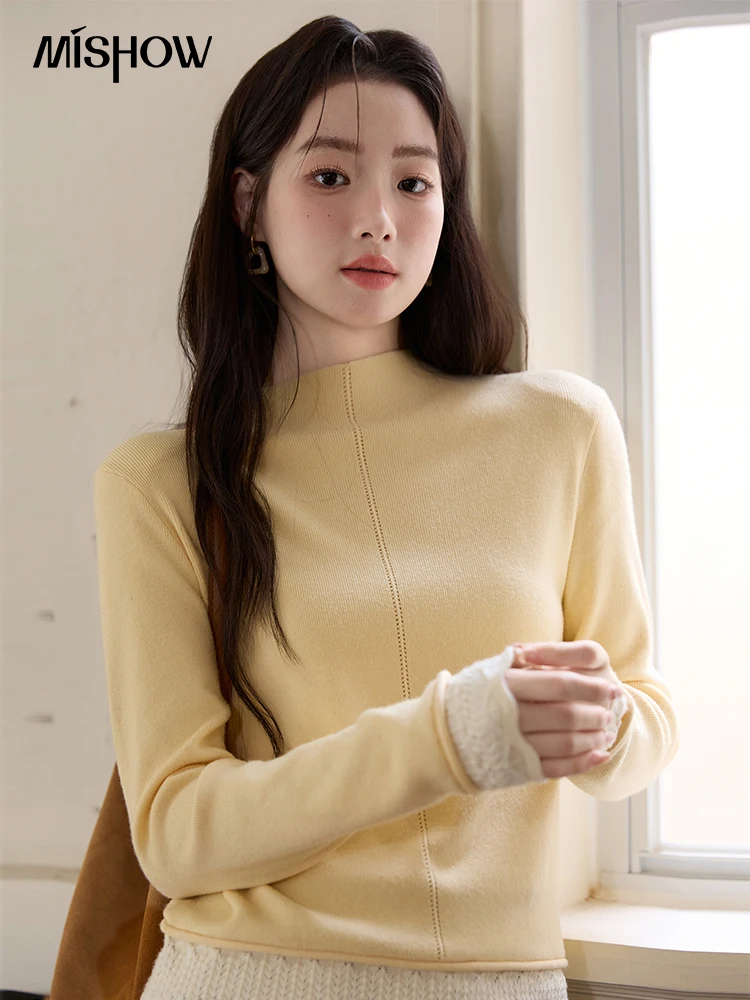 

MISHOW женская футболка с длинным рукавом, новинка зимы 2025, элегантная синяя полуводолазка контрастного цвета, кружевные вязаные топы MXE51Z2630