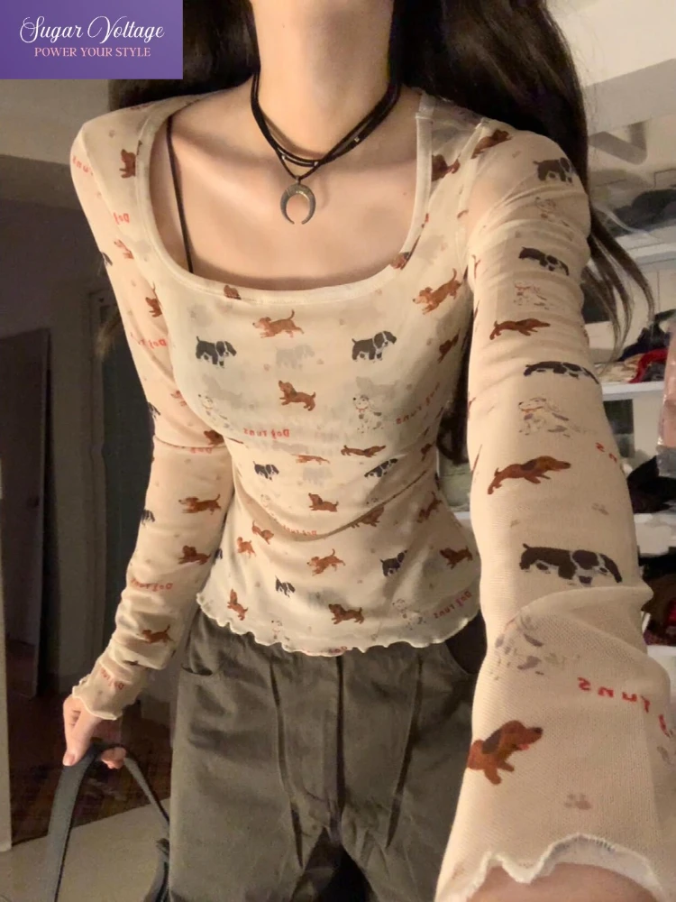 American Hot Girl Print Square Neck Tops Women Slim Fit Long Sleeve Cute Graphic T-Shirts Casual Chic Autumn Fashion Outfits