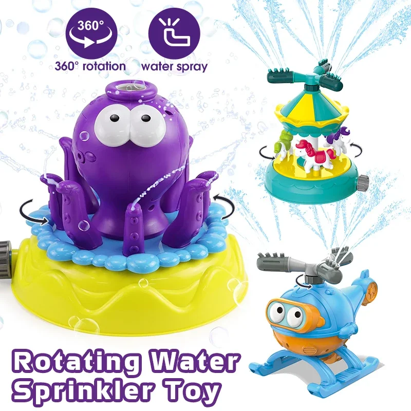 Water Spray Sprinkler for 3-6 Kids 2 in1 Rotating Octopu Sprinkler with Bubble Machine Summer Outside Garden Lawn Water Toy Gift