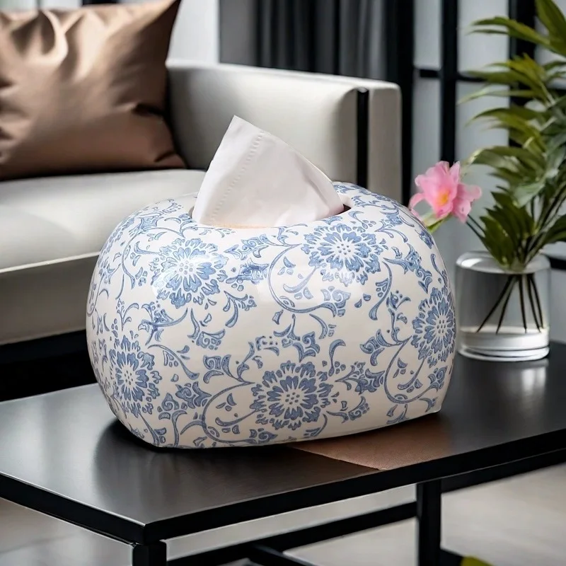 DSA artistic sense blue and white porcelain ceramic tissue box creative ornament retro decoration home essential light luxury