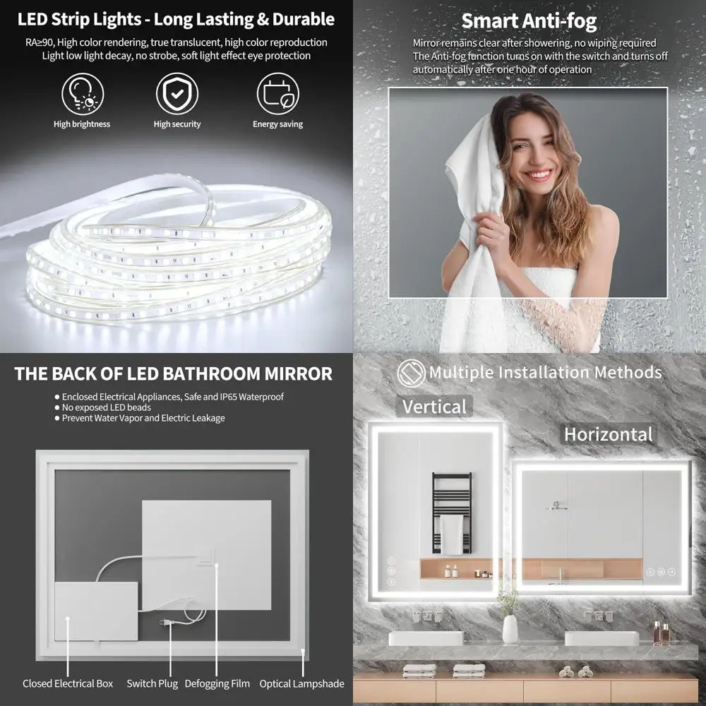

Anti-Fog LED Bathroom Mirror, 28x20 Vanity Mirror with 90CRI Lighting, Shatter-Proof Wall Mount, Easy Install Modern Bathroom Mi