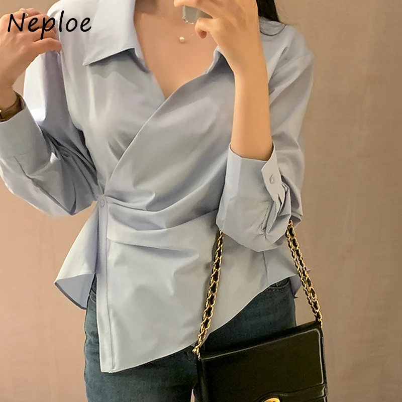 Neploe Fashion Irregular Lace Up Slim Fit Blouses 2024 Summer New White Shirts Women Y2k Long Sleeve Loose Blusas Mujer